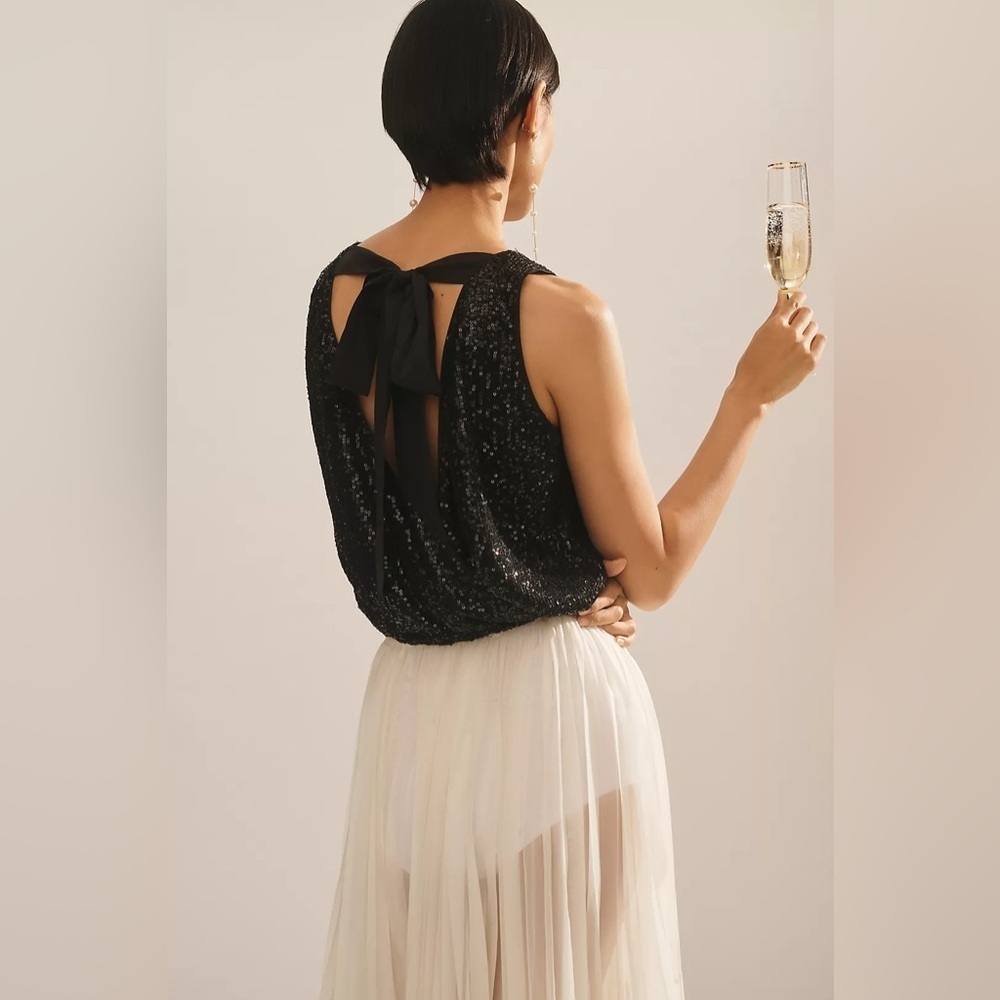 Anthropologie Black Flat Sequin Open Tie Back Top Women’s Size XL NWT